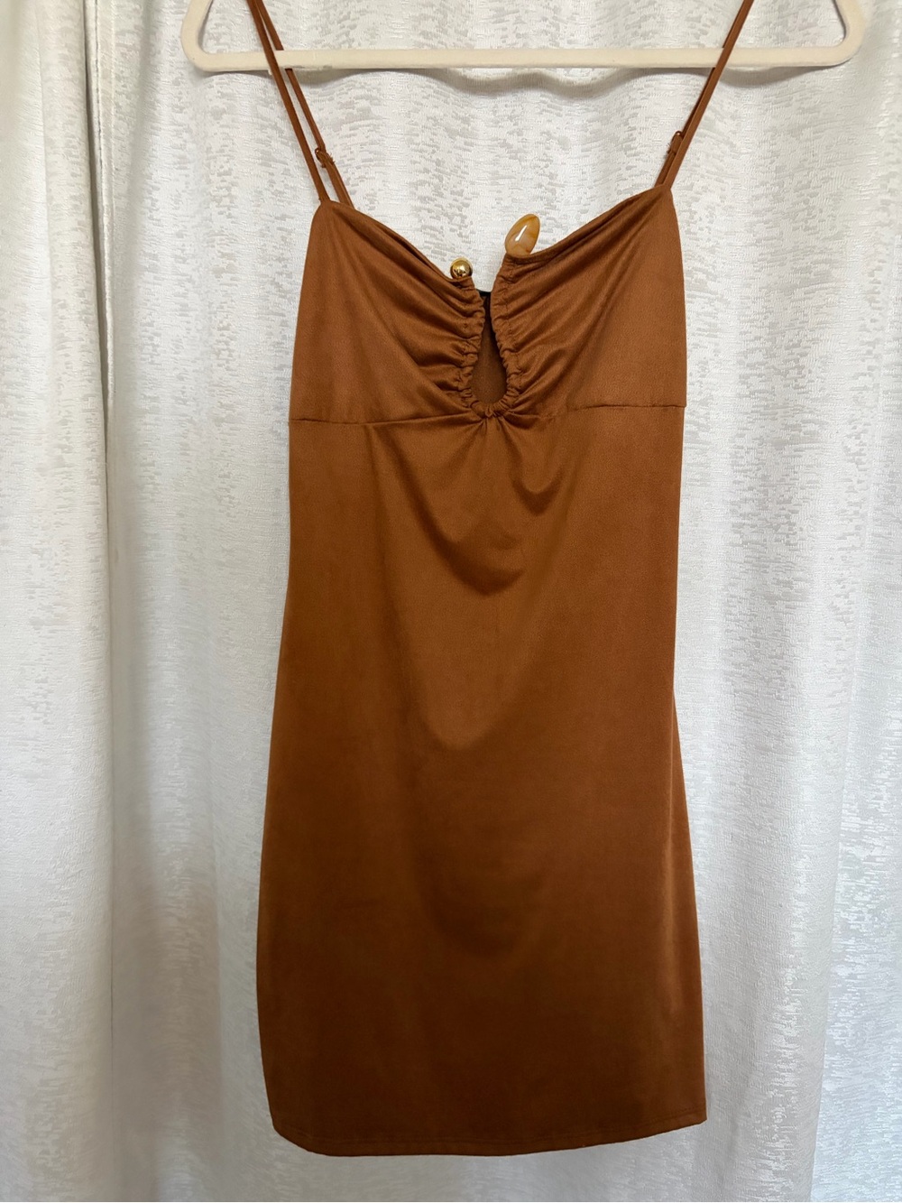 Vibe Rust Slip Mini Dress with Ruched Keyhole